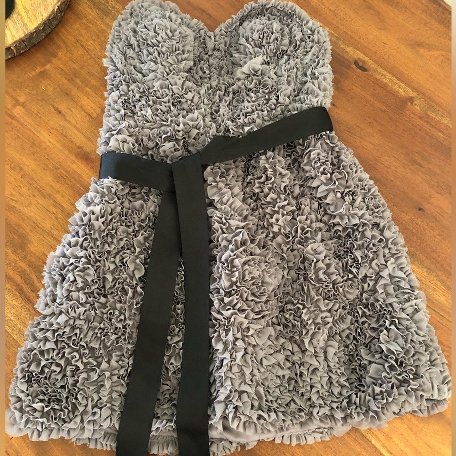 Urban Outfitters Quail Gray Ruffle Dress With Black Ribbon